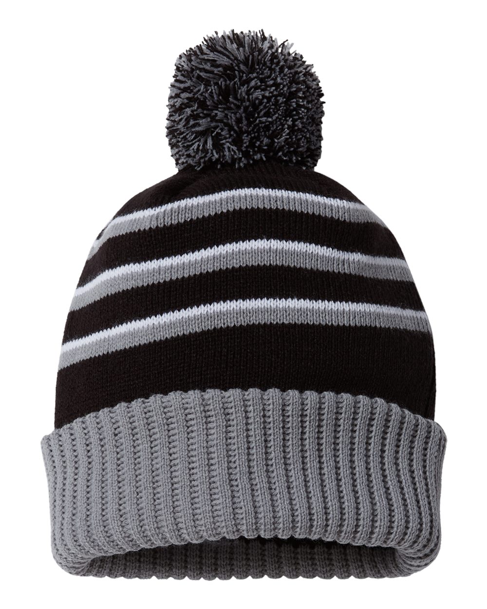 Rear View of Black/ Grey/ White Pom Cuffed Beanie - 134