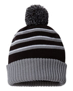 Rear View of Black/ Grey/ White Pom Cuffed Beanie - 134