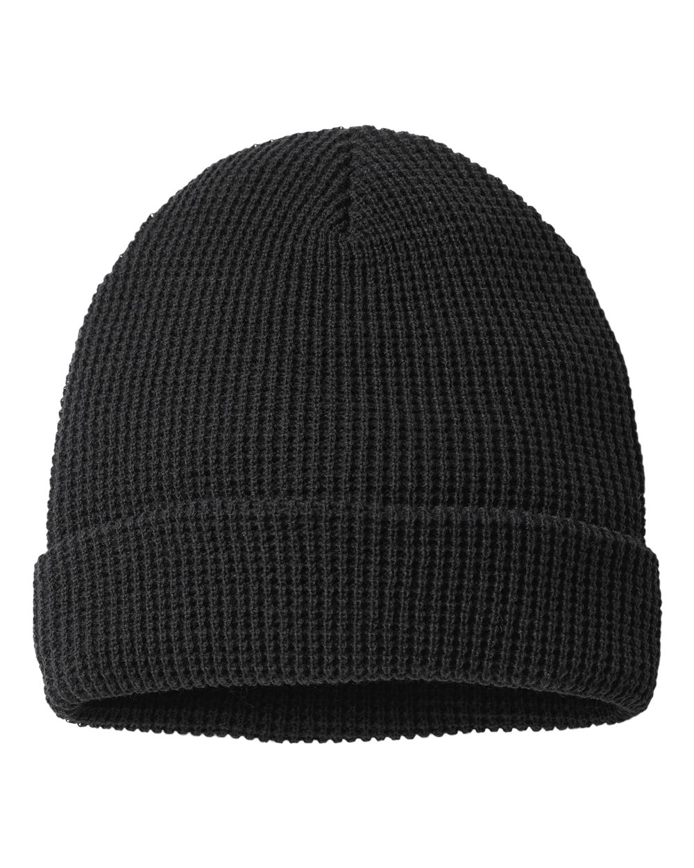 Rear View of Black Waffle Cuffed Beanie - 146R