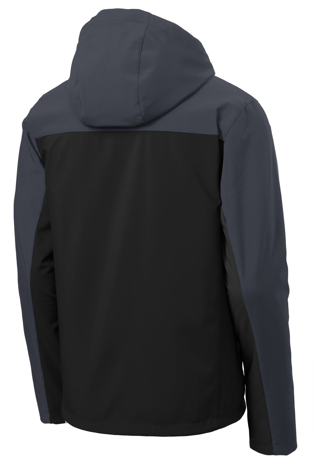 Rear View of Black/Batl Gry Port Authority Hooded Core Soft Shell Jacket. J335