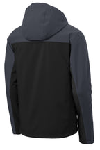 Rear View of Black/Batl Gry Port Authority Hooded Core Soft Shell Jacket. J335