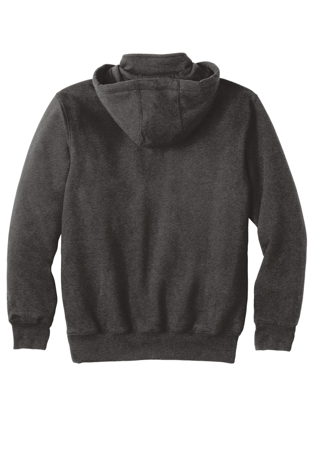 Rear View of Carbon Heather Carhartt Rain Defender Paxton Heavyweight Hooded Zip Mock Sweatshirt. CT100617