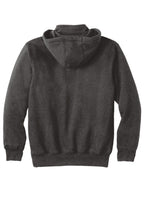 Rear View of Carbon Heather Carhartt Rain Defender Paxton Heavyweight Hooded Zip Mock Sweatshirt. CT100617