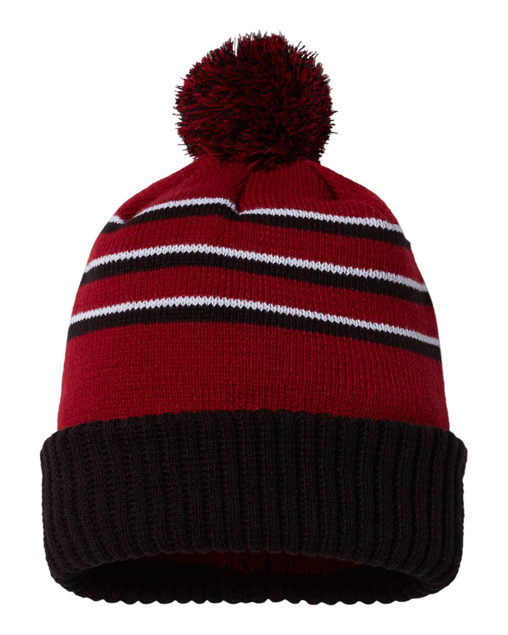 Rear View of Cardinal/ Black/ White Pom Cuffed Beanie - 134