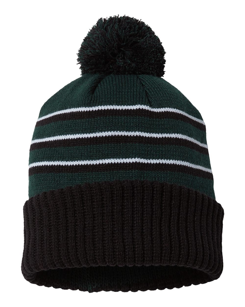 Rear View of Dark Green/ Black/ White Pom Cuffed Beanie - 134