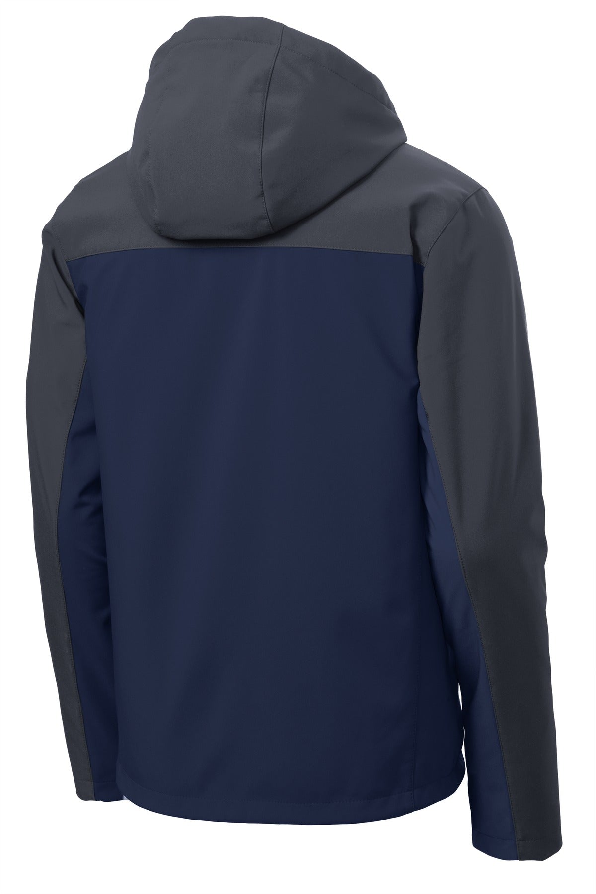 Rear View of DB Nvy/Bat Gry Port Authority Hooded Core Soft Shell Jacket. J335