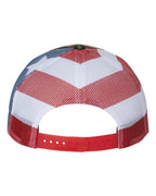 Rear View of Green Camo/ Stars & Stripes Printed Mesh Trucker Cap - 112PM