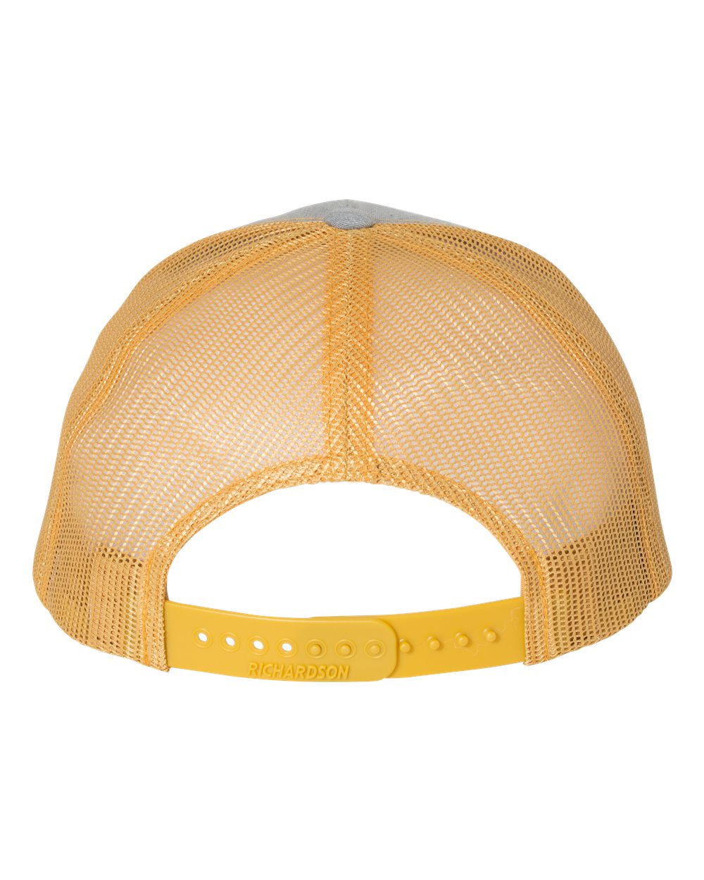 Rear View of Heather Grey/ Amber Gold Five-Panel Trucker Cap - 112FP