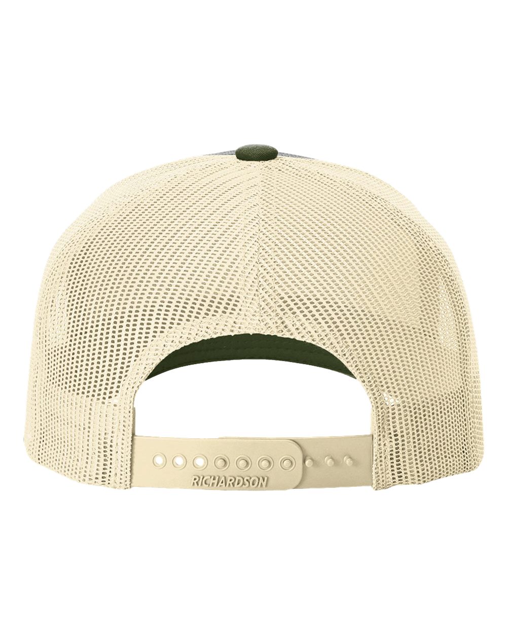 Rear View of Heather Grey/ Birch/ Army Olive Five-Panel Trucker Cap - 112FP