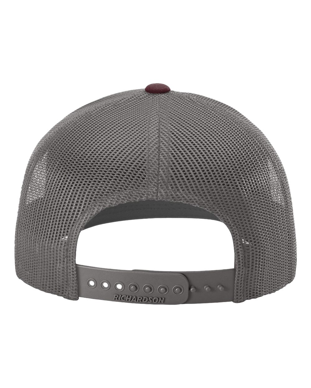 Rear View of Heather Grey/ Charcoal/ Maroon Snapback Trucker Cap - 112