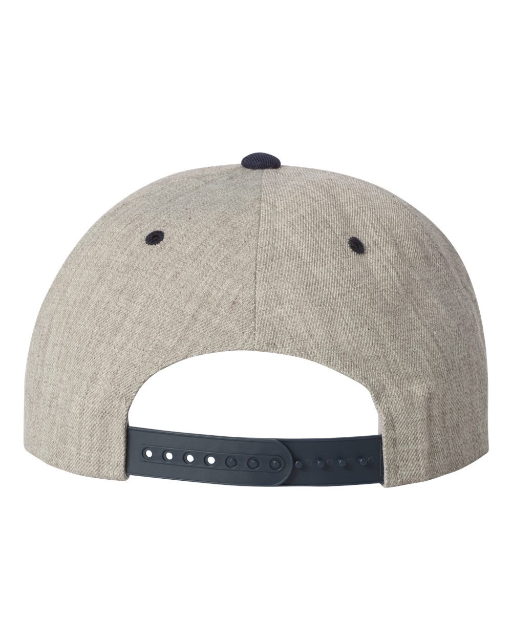 Rear View of Heather Grey/ Navy Premium Flat Bill Snapback Cap - 6089M