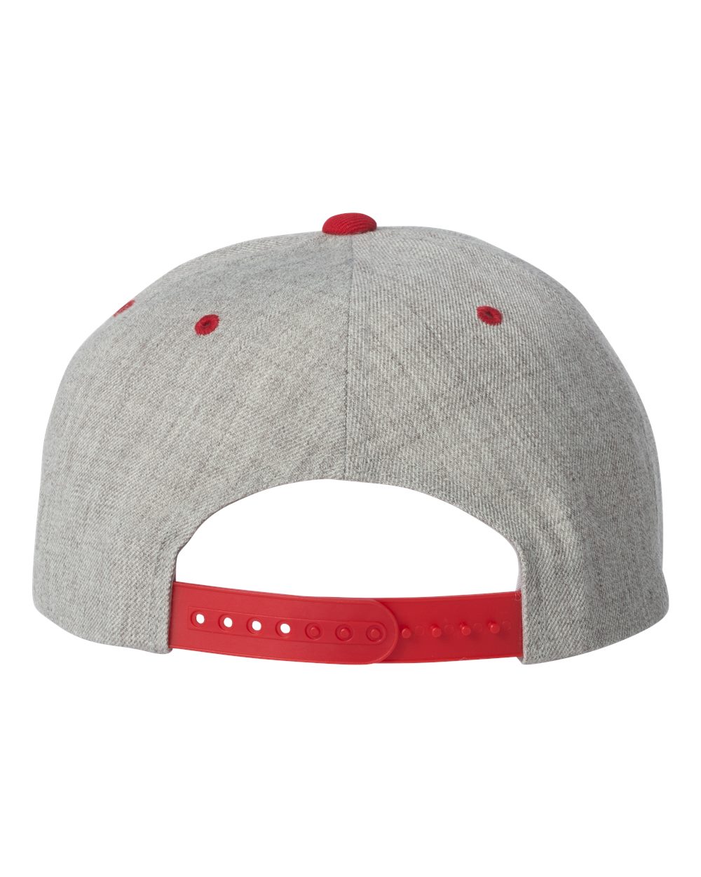 Rear View of Heather Grey/ Red Premium Flat Bill Snapback Cap - 6089M