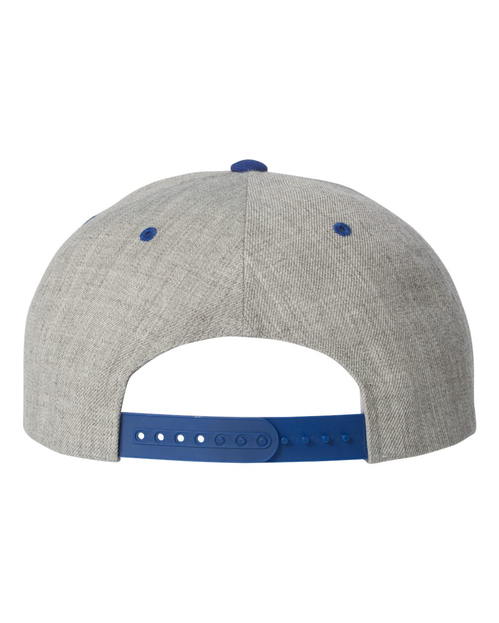 Rear View of Heather Grey/ Royal Premium Flat Bill Snapback Cap - 6089M