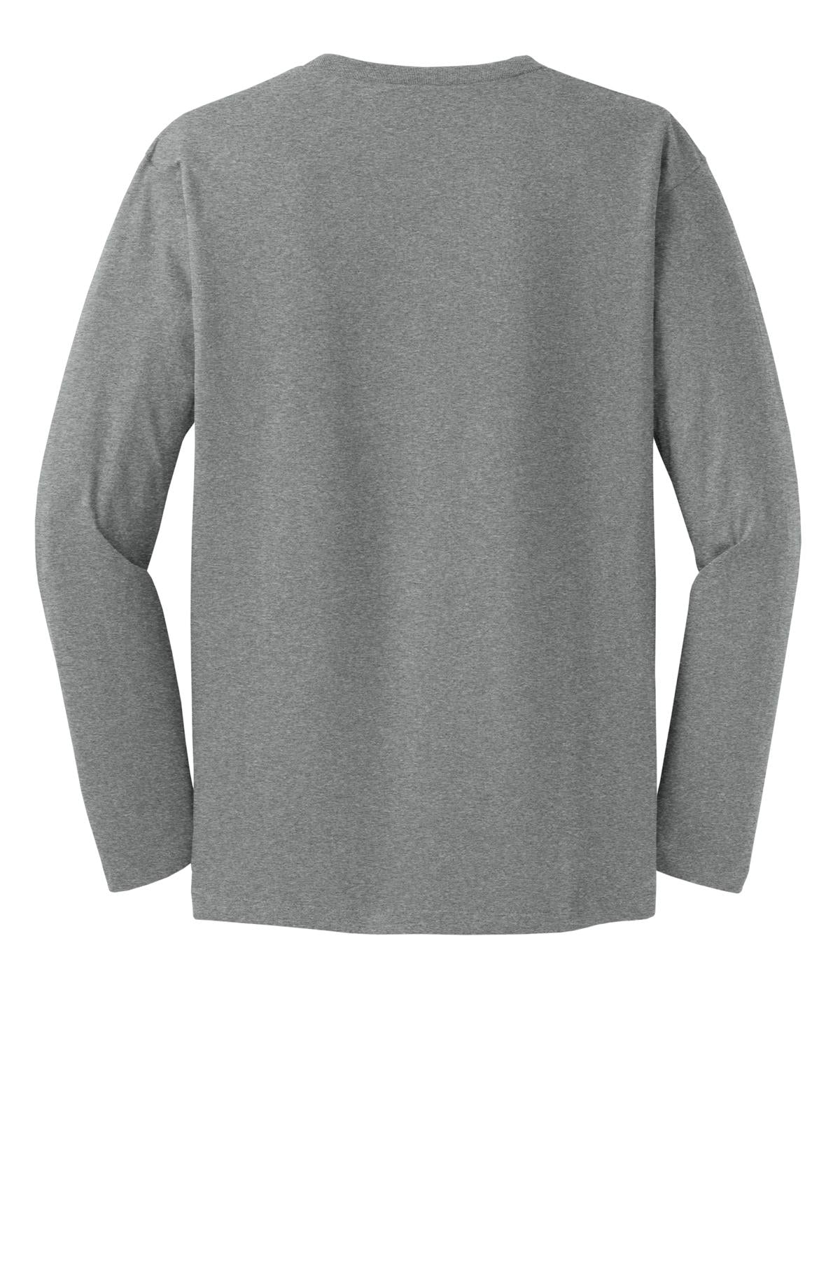 Rear View of Heather Steel District Perfect Weight Long Sleeve Tee. DT105