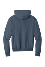 Rear View of Hthr Navy Port & Co Core Fleece Pullover Hooded Sweatshirt. PC78H