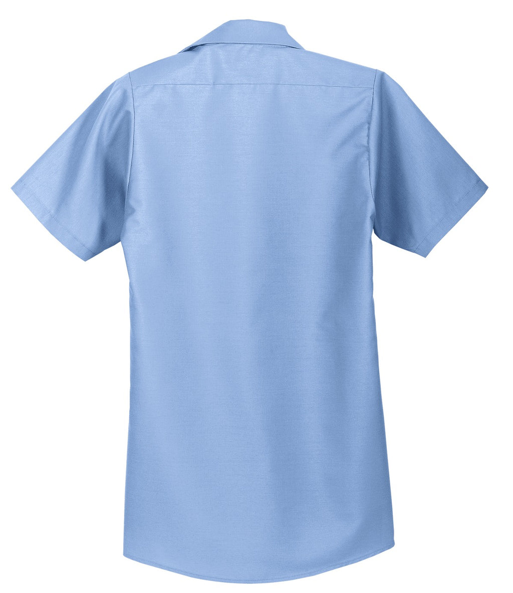 Rear View of Light Blue Red Kap Short Sleeve Industrial Work Shirt. SP24