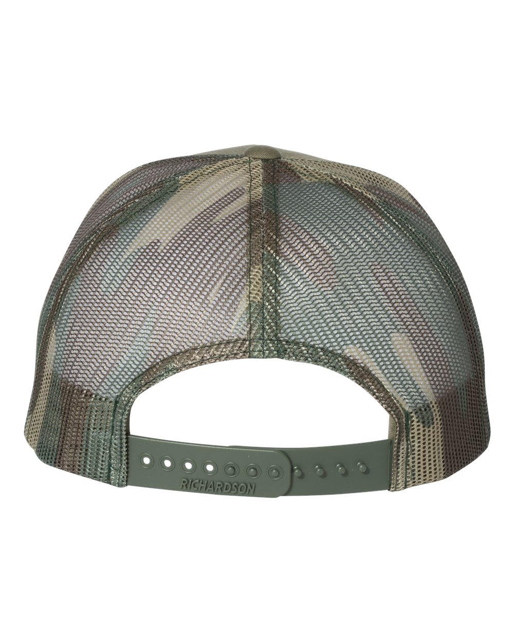 Rear View of Loden/ Green Camo Printed Mesh Trucker Cap - 112PM
