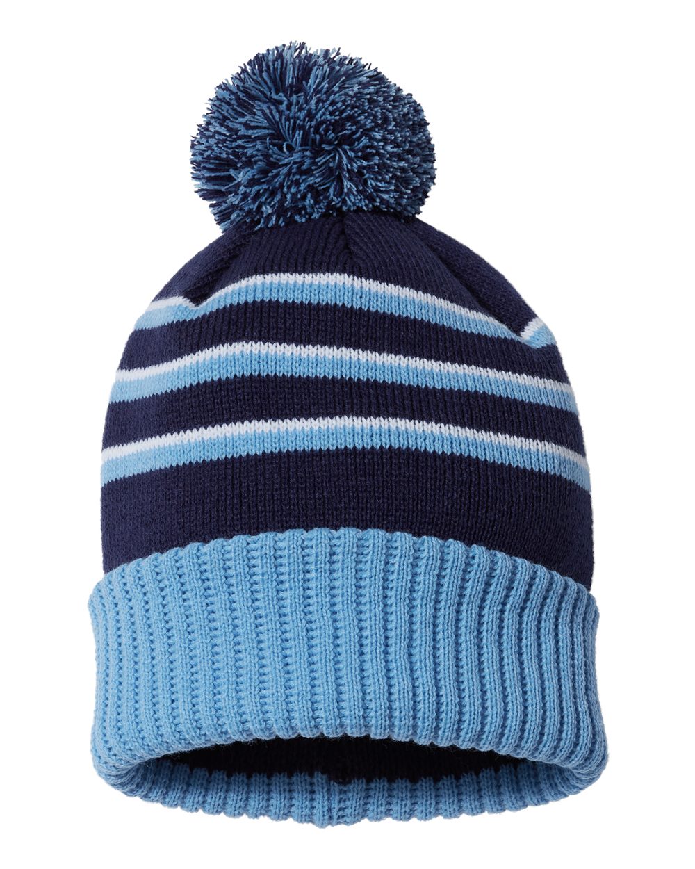 Rear View of Navy/ Columbia Blue/ White Pom Cuffed Beanie - 134
