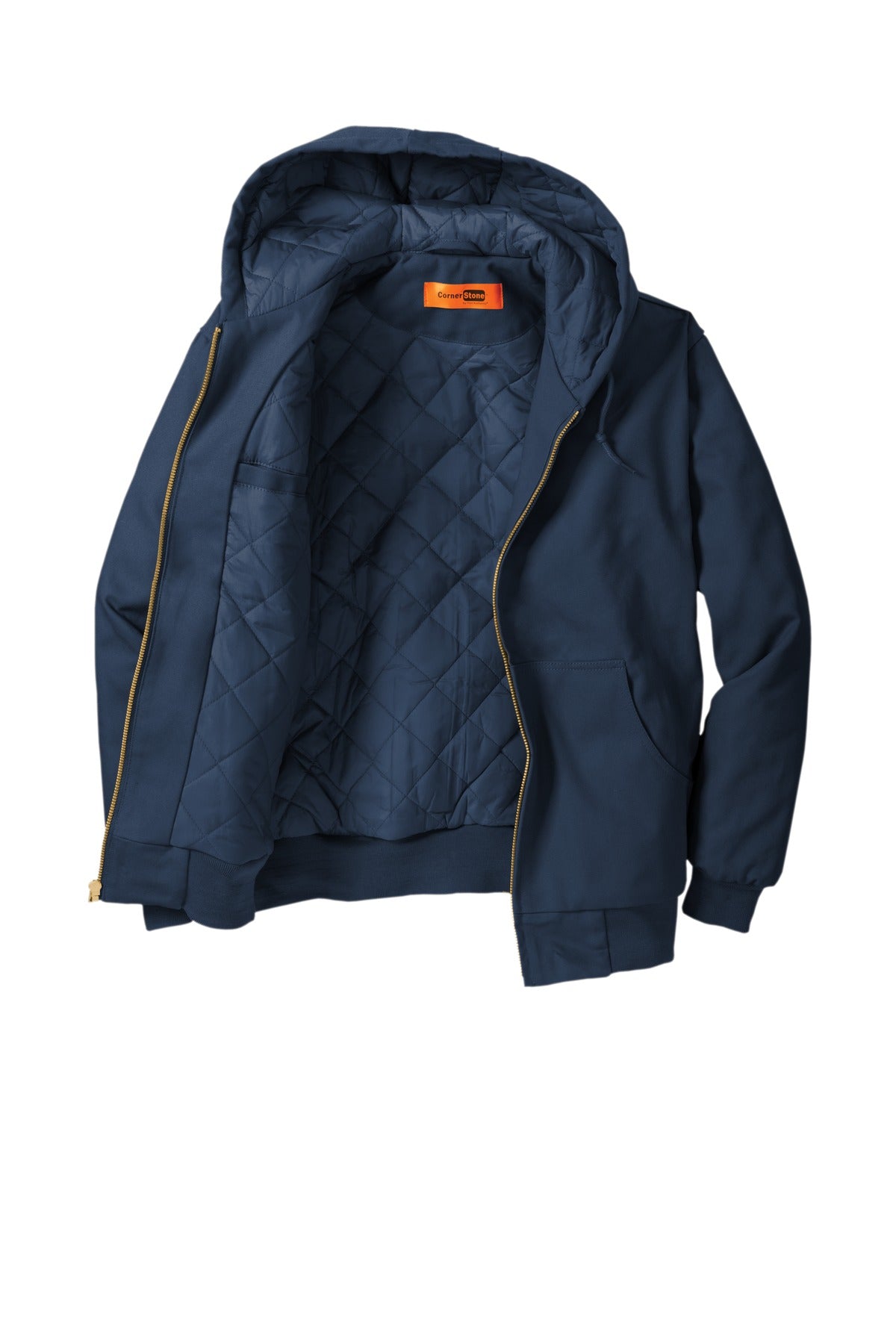 Rear View of Navy CornerStone - Duck Cloth Hooded Work Jacket. J763H