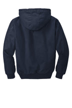 Rear View of Navy CornerStone Washed Duck Cloth Insulated Hooded Work Jacket. CSJ41