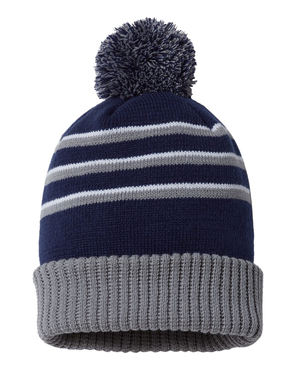 Rear View of Navy/ Grey/ White Pom Cuffed Beanie - 134