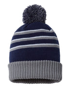 Rear View of Navy/ Grey/ White Pom Cuffed Beanie - 134