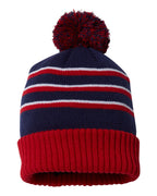 Rear View of Navy/ Red/ White Pom Cuffed Beanie - 134