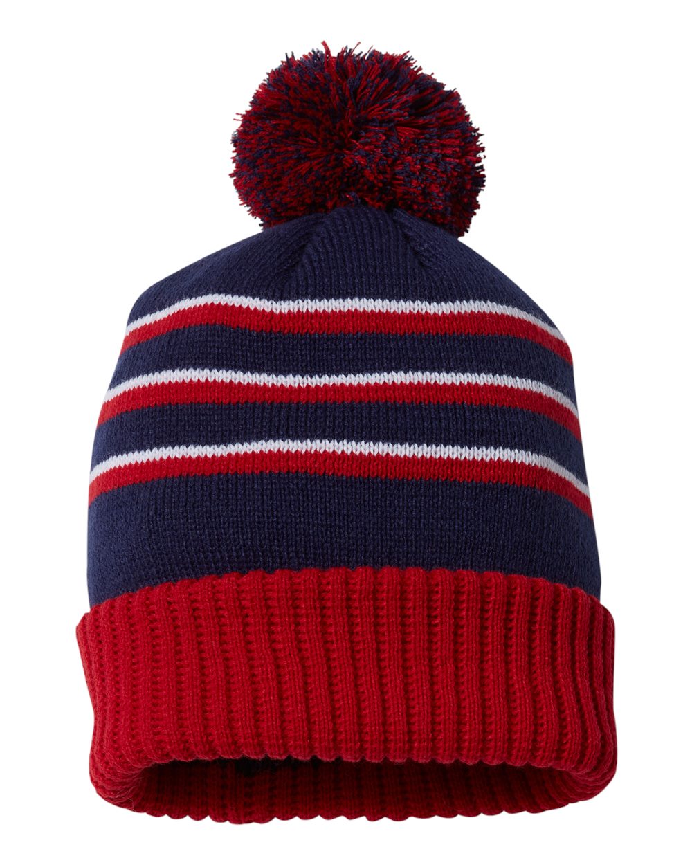 Rear View of Navy/ Red/ White Pom Cuffed Beanie - 134