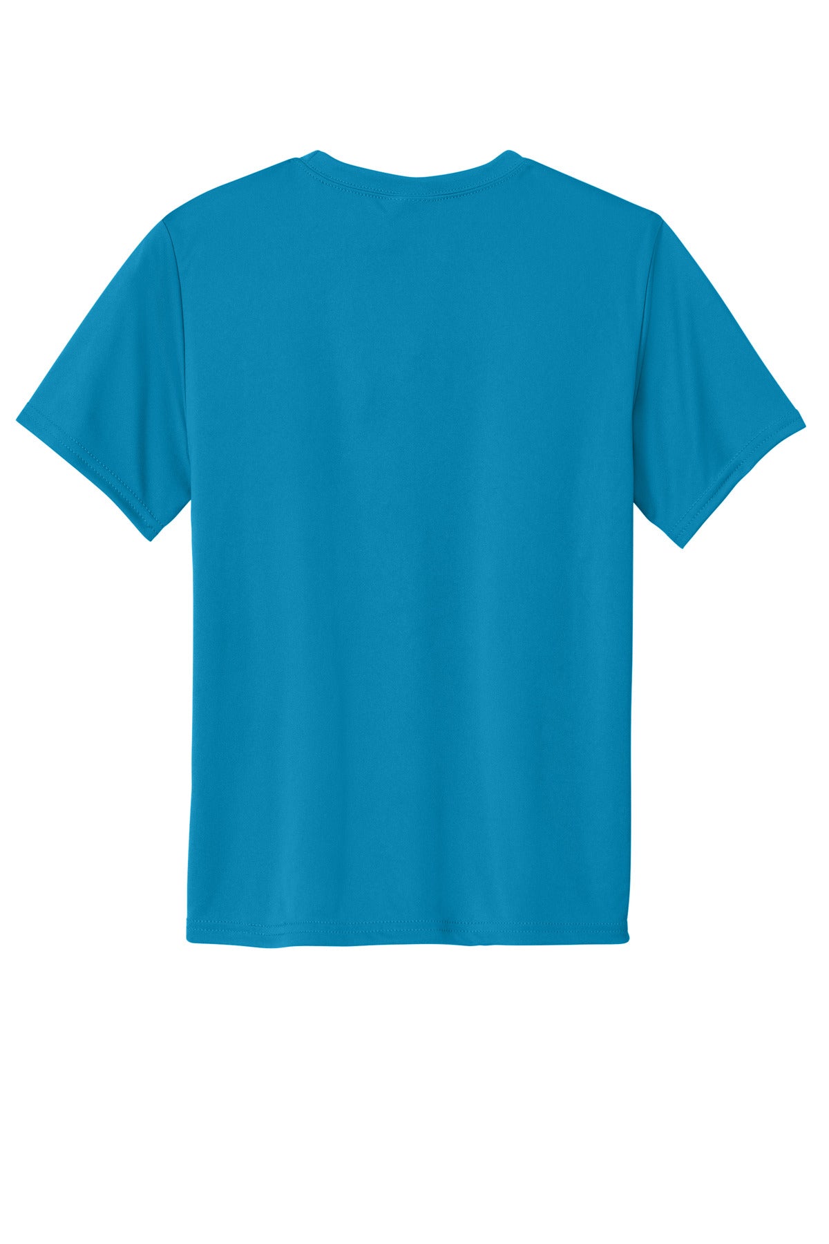 Rear View of Neon Blue Port & Co Youth Performance Tee. PC380Y