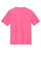 Rear View of Neon Pink Port & Co Youth Performance Tee. PC380Y