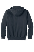 Rear View of New Navy Carhartt Rain Defender Paxton Heavyweight Hooded Zip Mock Sweatshirt. CT100617