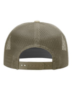 Rear View of Pale Khaki/ Loden Green Seven-Panel Trucker Cap - 168