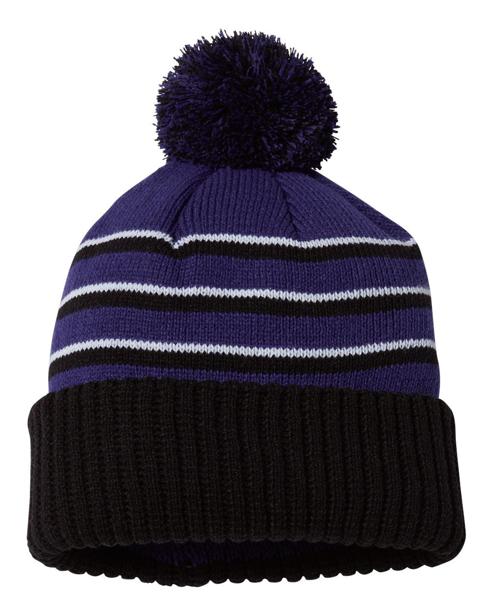 Rear View of Purple/ Black/ White Pom Cuffed Beanie - 134