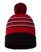 Rear View of Red/ Black/ White Pom Cuffed Beanie - 134