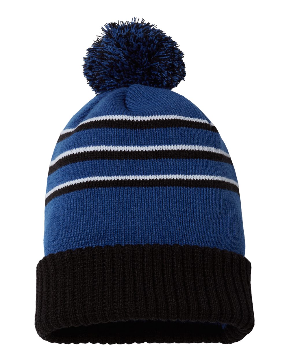 Rear View of Royal/ Black/ White Pom Cuffed Beanie - 134