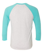 Rear View of Tahiti Blue Sleeves/ Heather White Body Triblend Three-Quarter Raglan T-Shirt - 6051