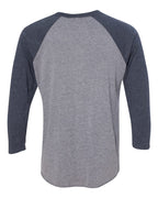 Rear View of Vintage Navy Sleeves/ Premium Heather Body Triblend Three-Quarter Raglan T-Shirt - 6051
