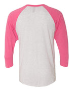 Rear View of Vintage Pink Sleeves/ Heather White Body Triblend Three-Quarter Raglan T-Shirt - 6051