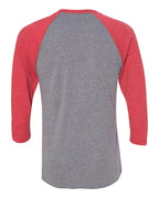 Rear View of Vintage Red Sleeves/ Premium Heather Body Triblend Three-Quarter Raglan T-Shirt - 6051