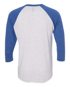 Rear View of Vintage Royal Sleeves/ Heather White Body Triblend Three-Quarter Raglan T-Shirt - 6051