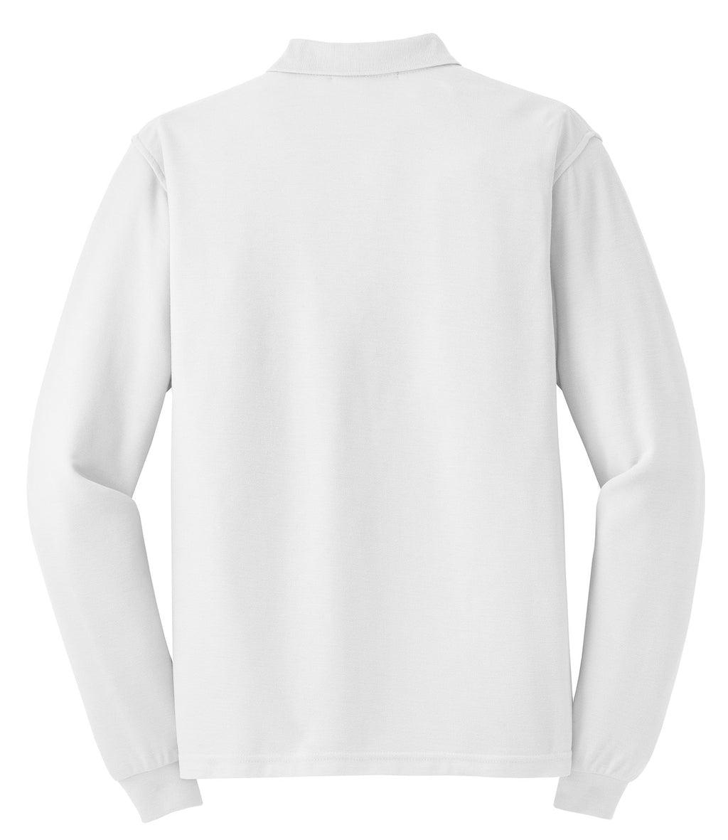 Rear View of White Port Authority Silk Touch Long Sleeve Polo. K500LS