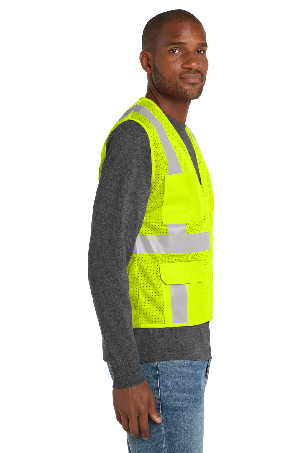SftyYellow CornerStone ANSI 107 Class 2 Mesh Six-Pocket Zippered Vest. CSV104