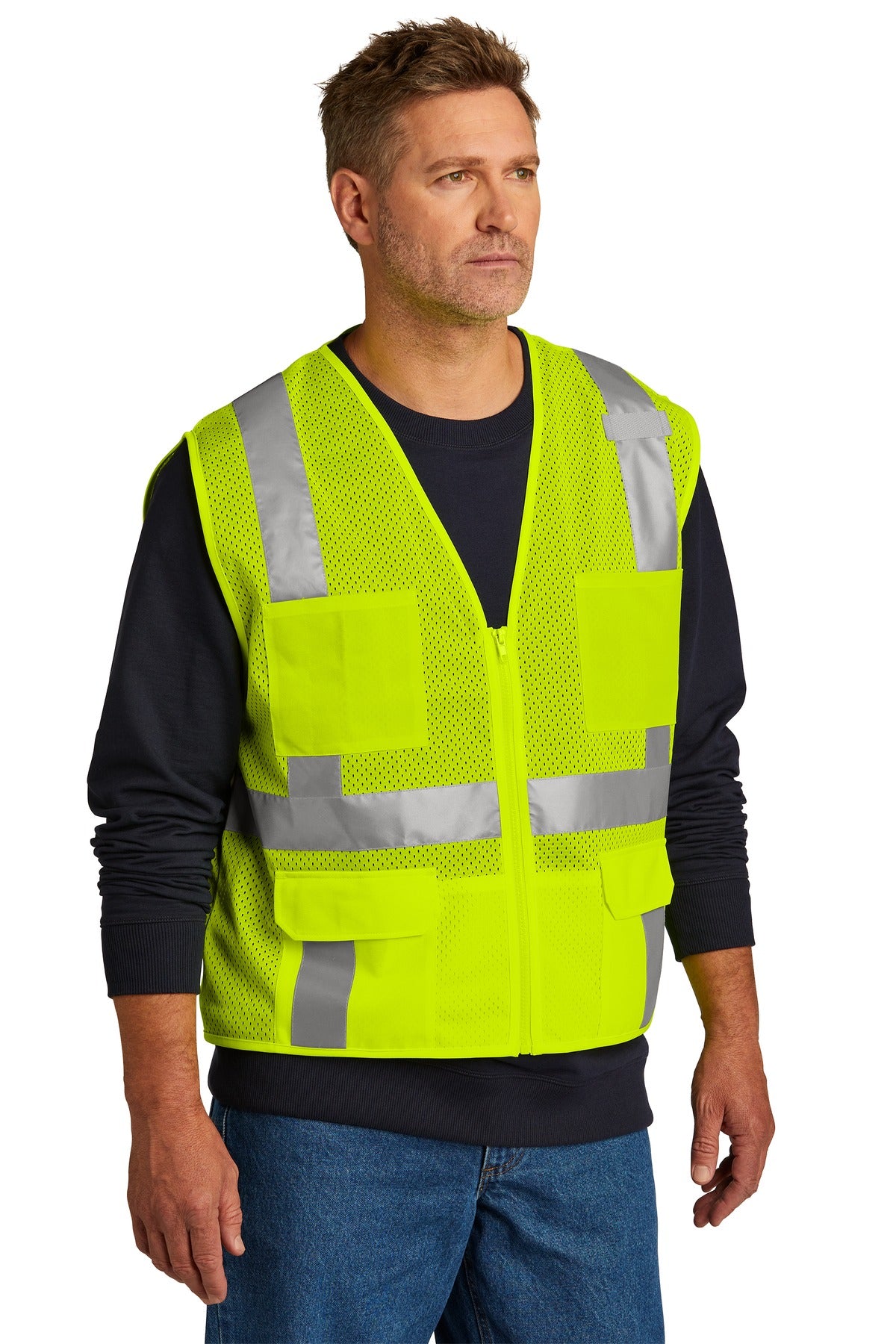 SftyYellow CornerStone ANSI 107 Class 2 Mesh Six-Pocket Zippered Vest. CSV104